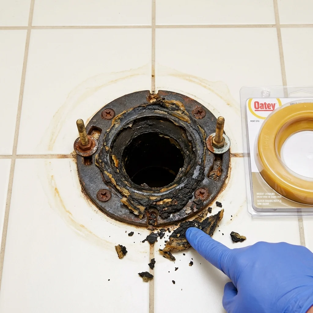 Failed wax ring showing water seepage at the base of a toilet in a Quitman, TX home